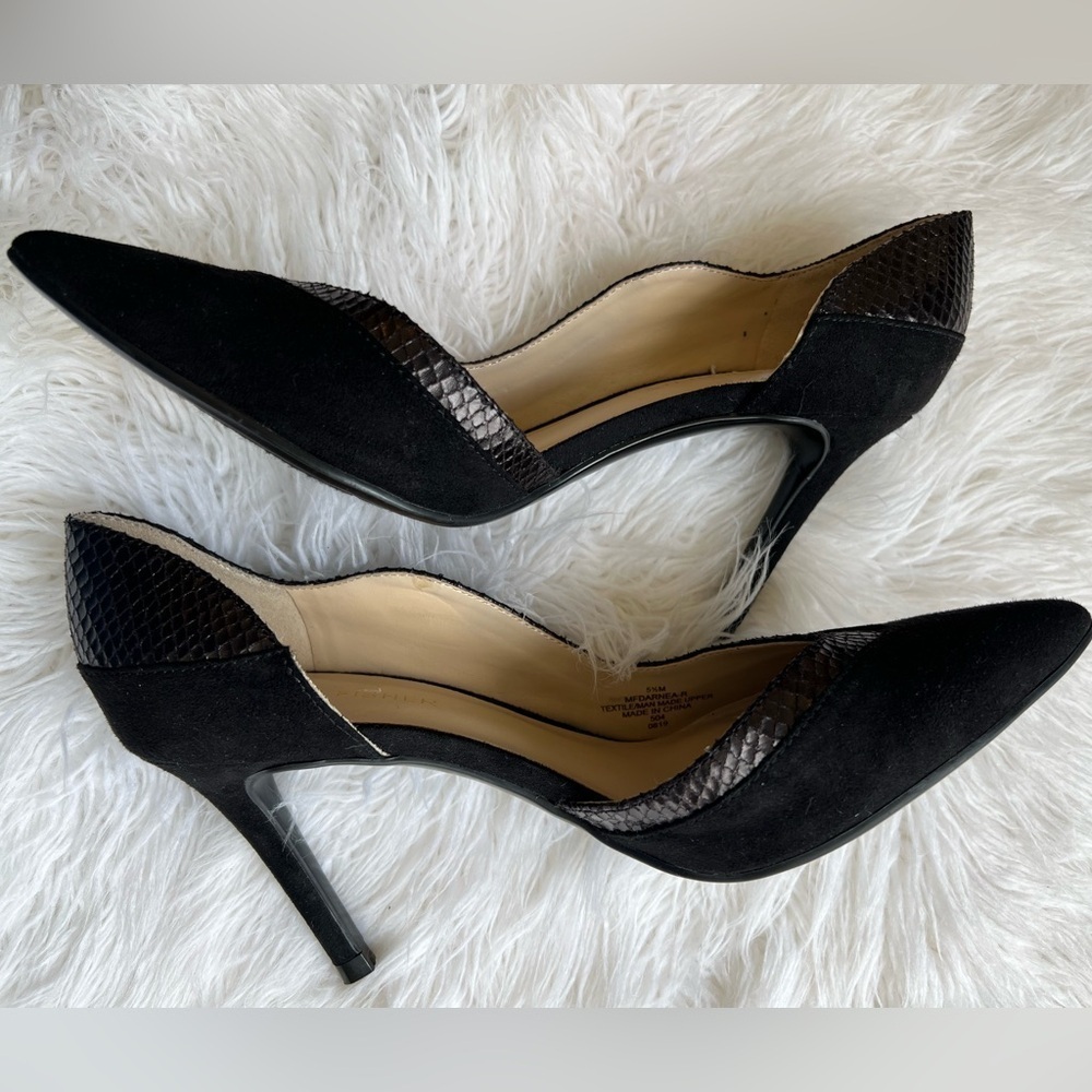 Marc Fisher Faux Leather/Suede Black Heels Snake Trim 5.5